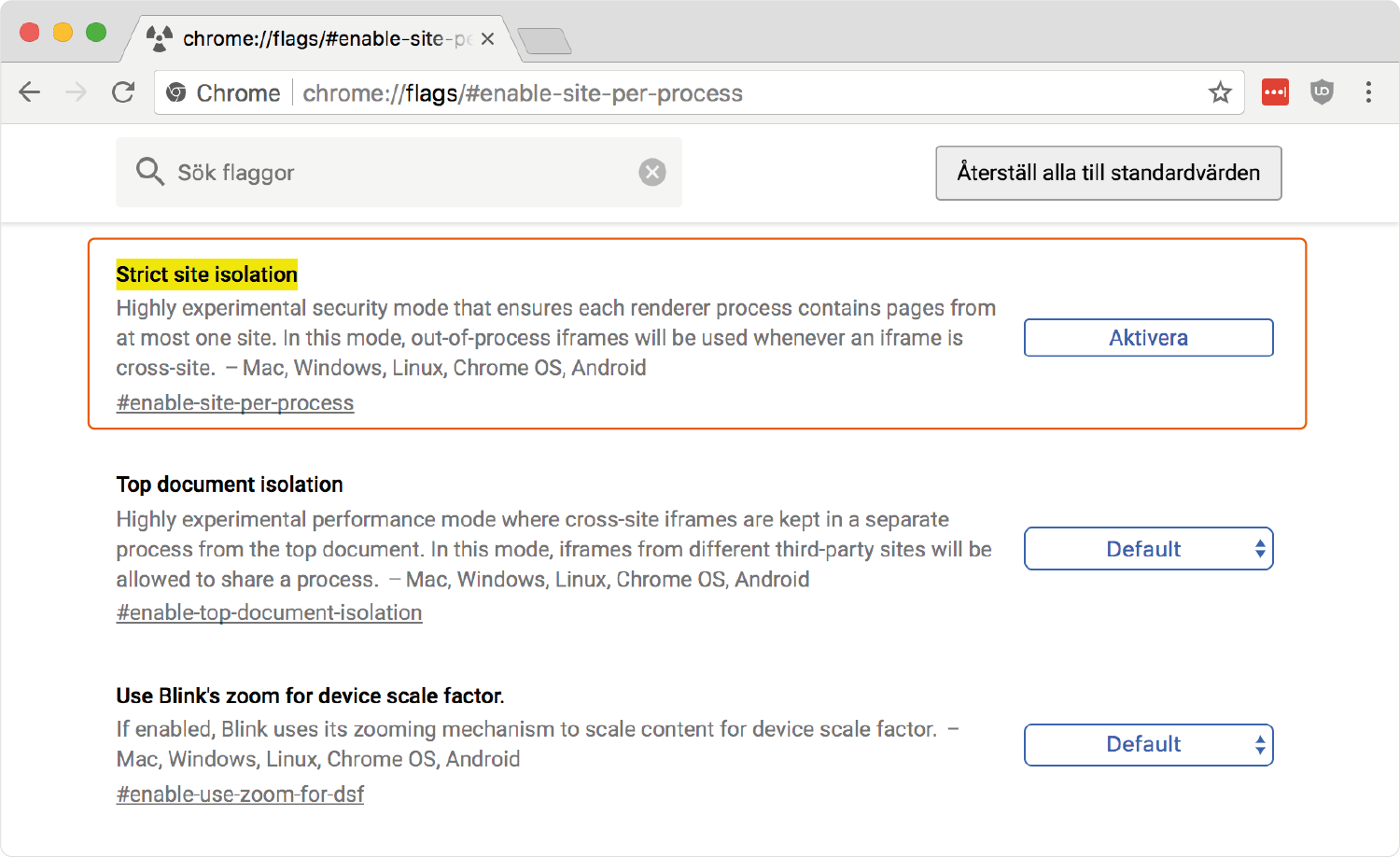Chrome inställningsfönster för webbplatsisolation