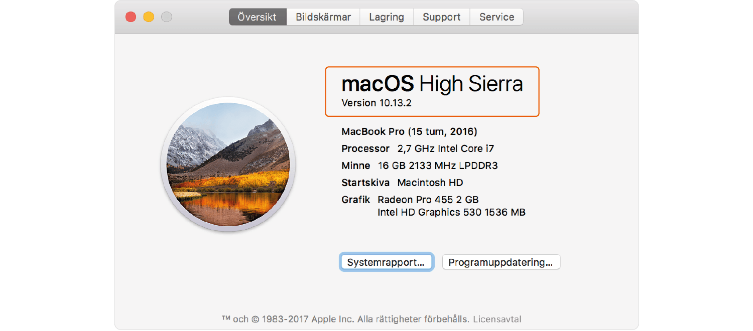 Macen kör senaste versionen av Mac OS (10.13.2)