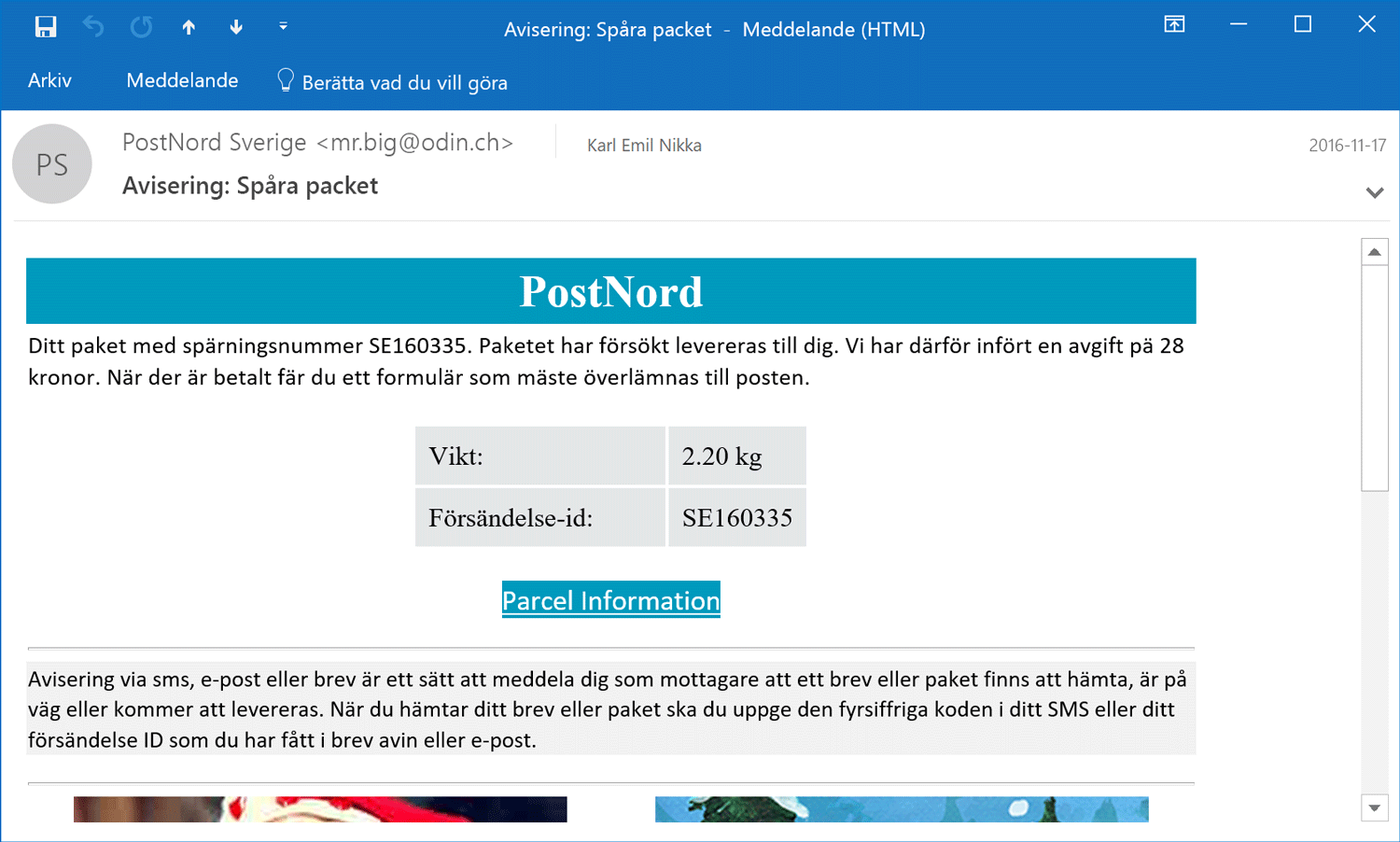 Bluffmejl från Postnord i Outlook