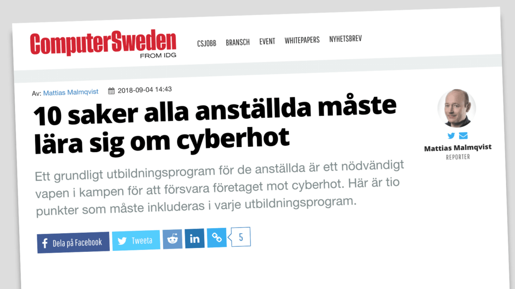 Artikel om IT-säkerhetsutbildning på Computer Sweden