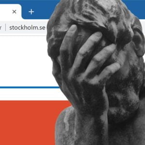 Facepalm-staty framför Stockholm Stads webbplats