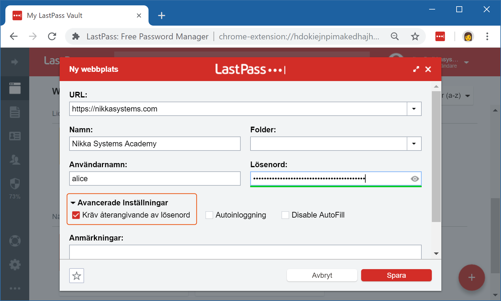 Lastpass kan kräva att huvudlösenordet anges för inloggning på säkerhetskritiska webbplatser.