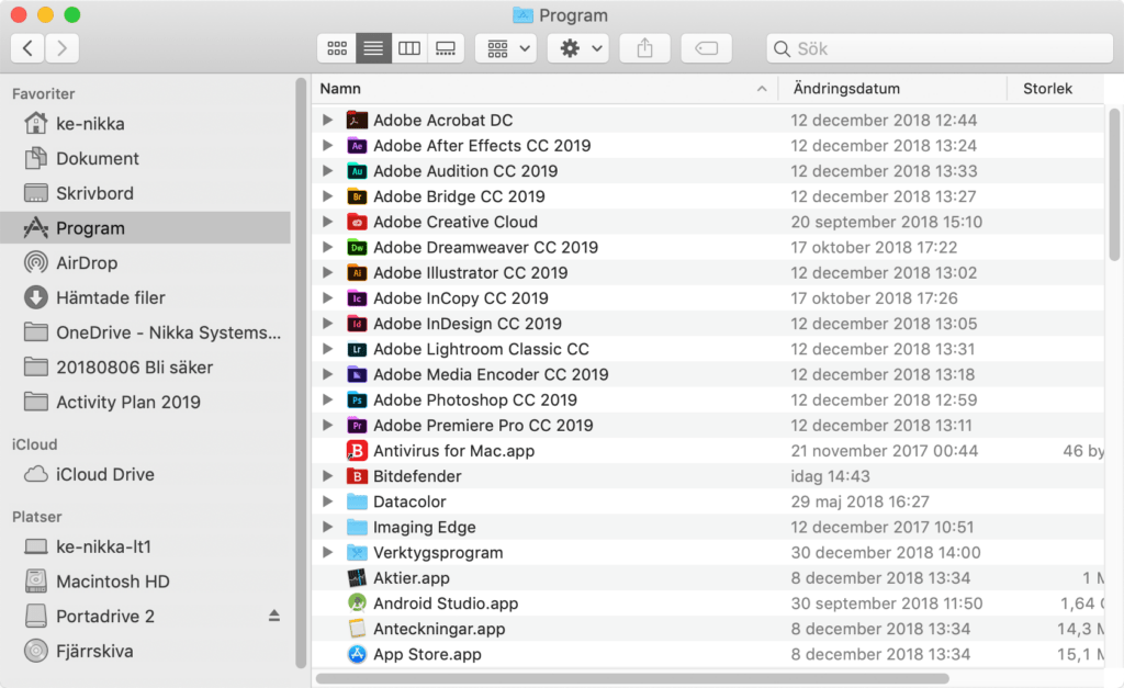 Installerade appar i Mac OS.
