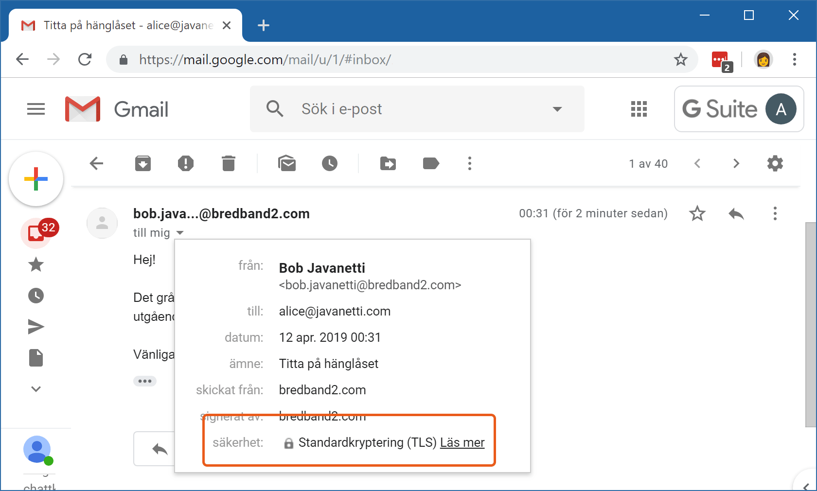Gmail visar att mejlets säkerhetsnivå är "Standardkryptering (TLS)".
