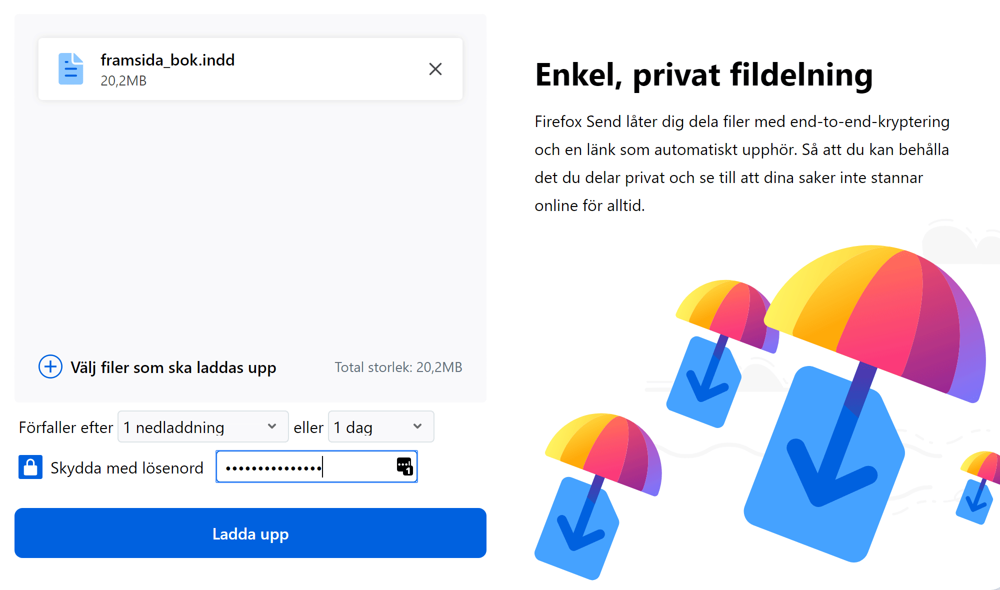 Firefox Sends lösenordsinställning