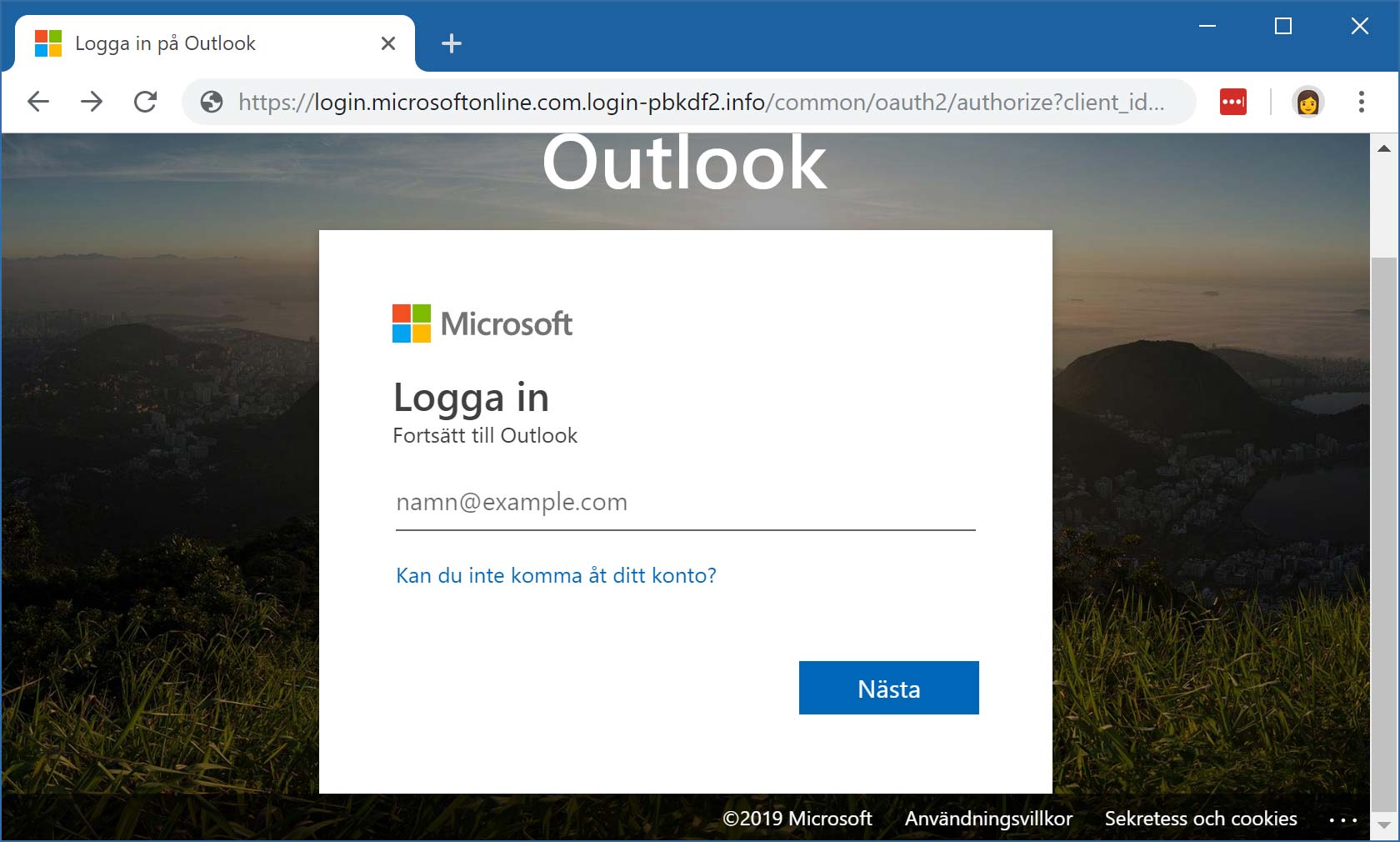 Exempel på nätfiskande inloggningsruta för Microsoft Outlook i Office 365.