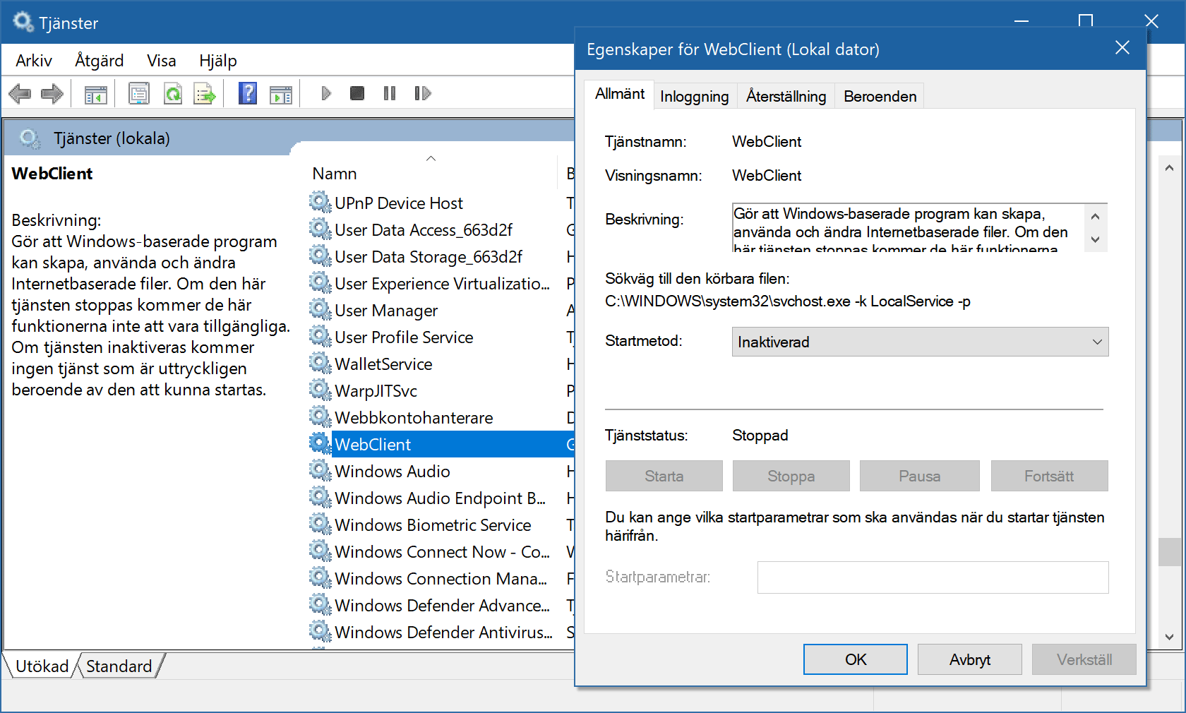 Rekommenderade inställningar för Webclient i Windows