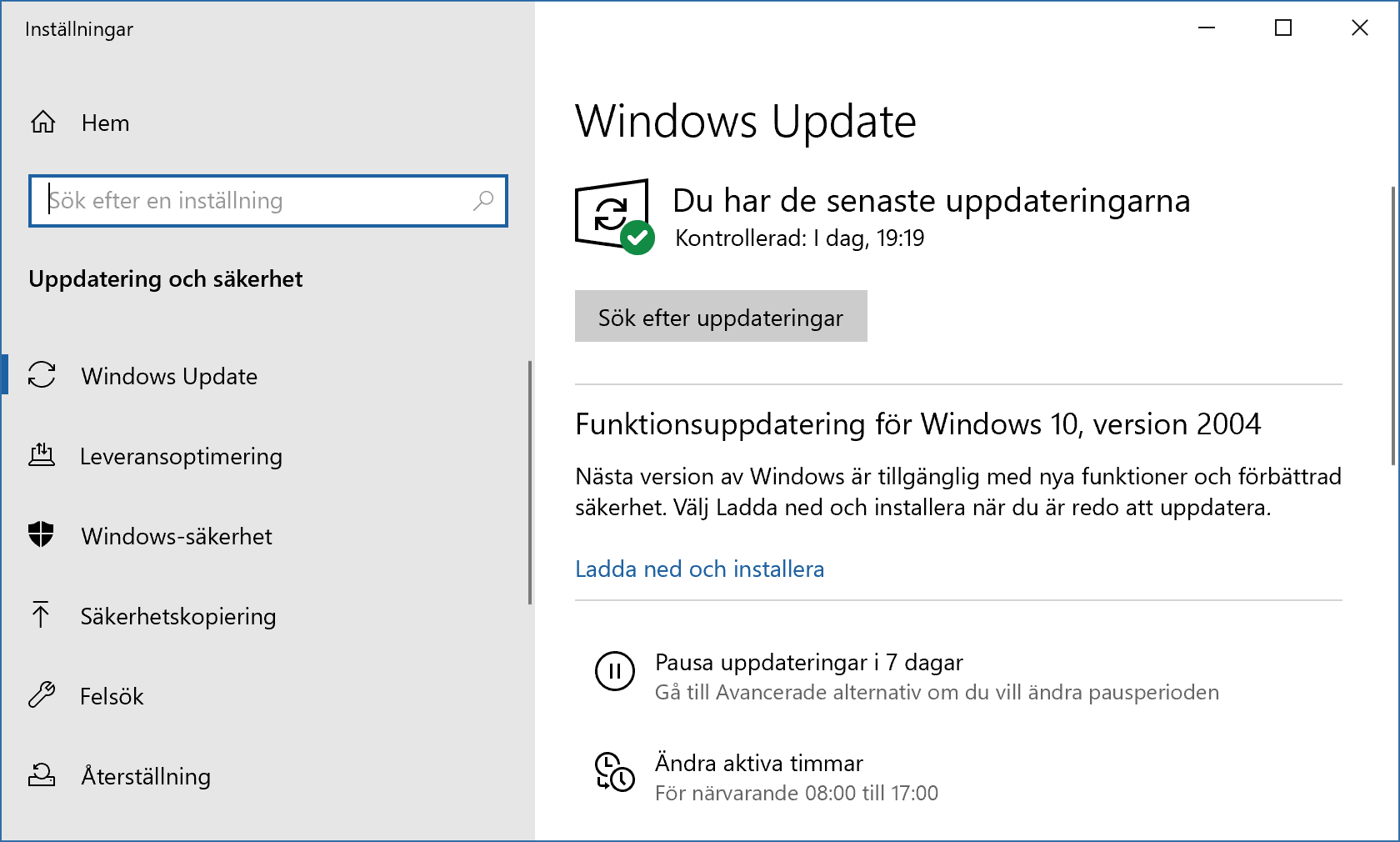 Windows Update visar att uppdatering är tillgänglig.