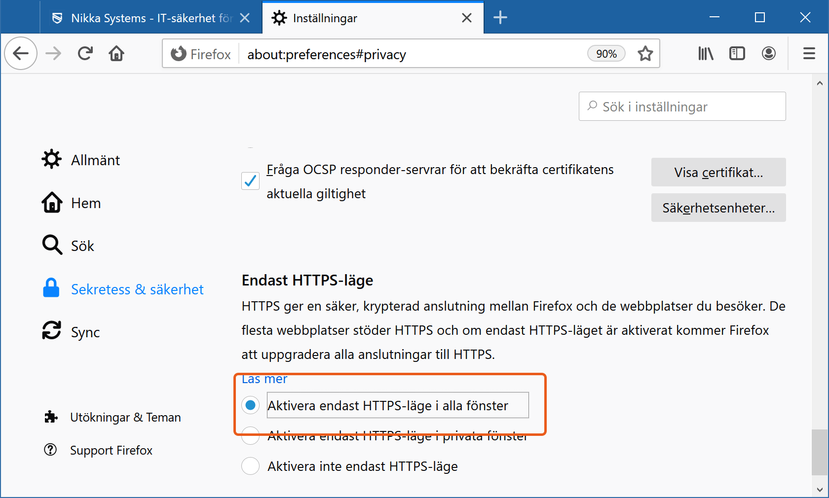 Inställningen för Endast HTTPS-läget markerad i Firefox inställningar.