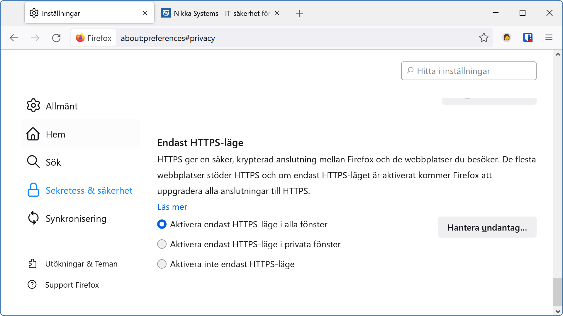 Firefox inställning för Endast HTTPS.