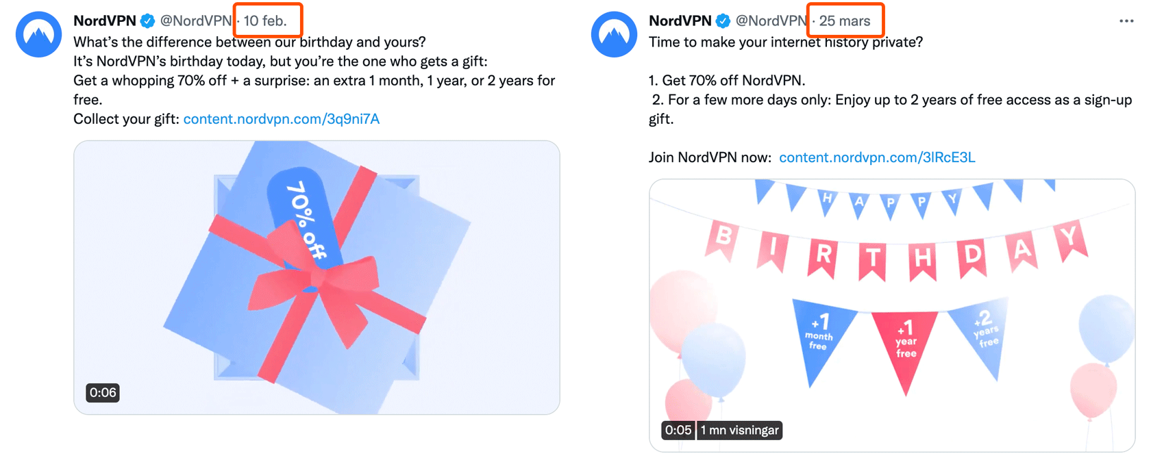 Två Twitter-inlägg om NordVPN:s födelsedag. Det ena är från 10:e februari, det andra är från 25:e mars.
