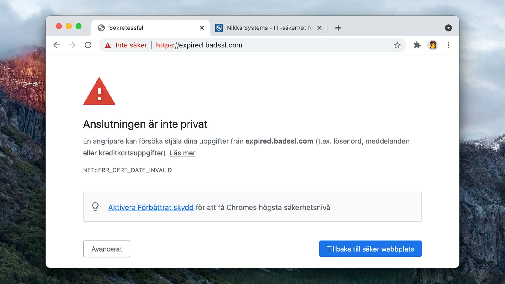 Chrome på Mac OS El Capitan varnar för att anslutningen inte är privat.