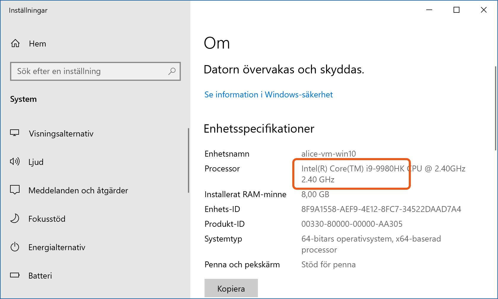 Windows 10:s inställningar visar att datorn har en processor med modellbeteckning Intel Core i9-9980HK.