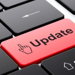 Tangentbord med stor röd knapp där det står Update (uppdatera).