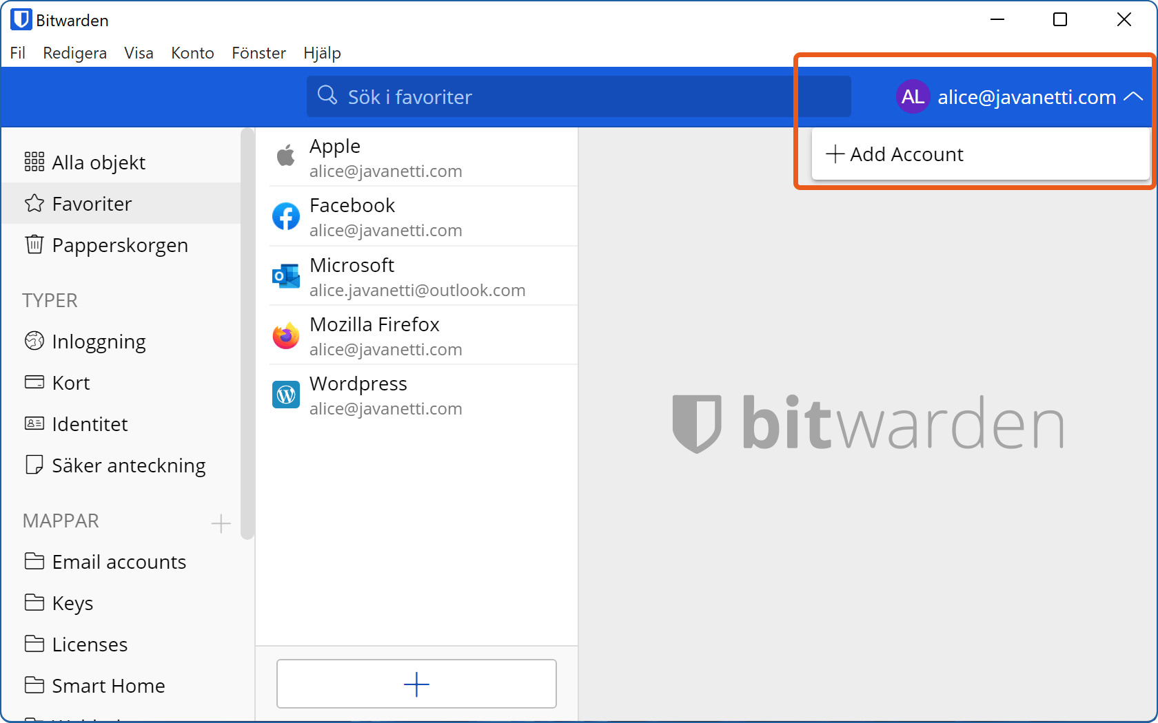 Bitwardens skrivbordsapp visar menyalternativet för att lägga till ytterligare ett Bitwarden-konto.