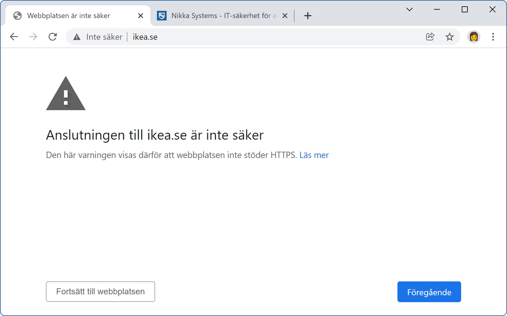 Google Chrome säger att anslutningen till ikea.se inte är säker.