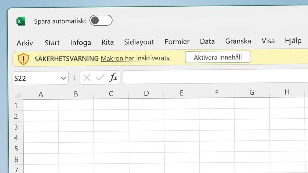 Microsoft Excel visar en säkerhetsvarning med texten ”makron har inaktiverats” och en knapp för att aktivera makron.