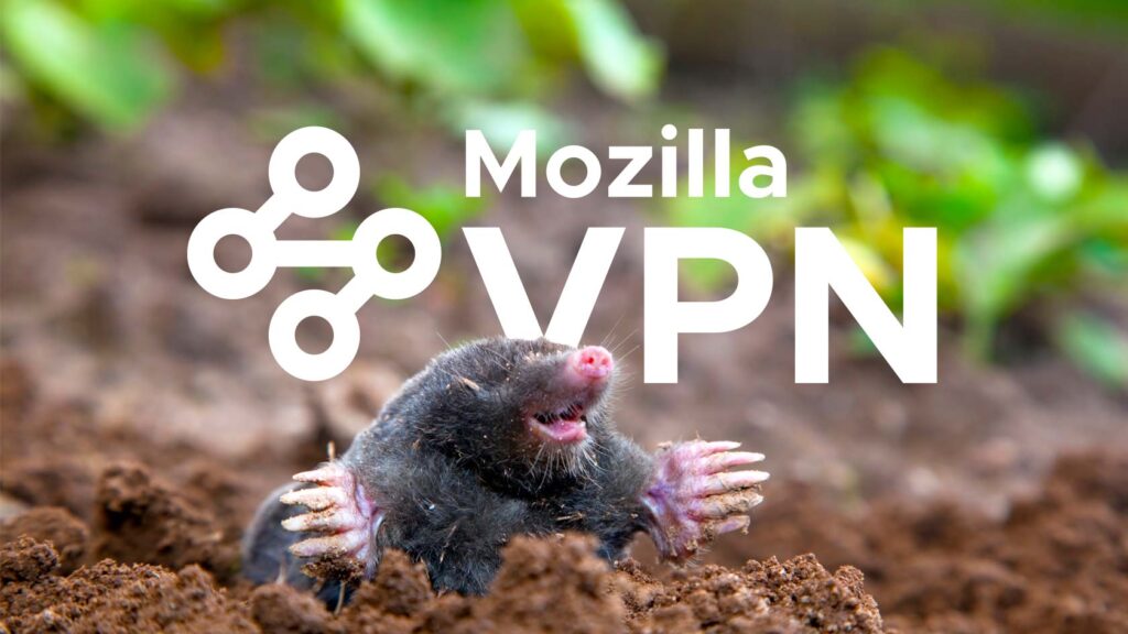 En mullvad tittar upp ur jorden. Mozilla VPN:s logotyp syns i bakgrunden.