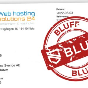 Falsk faktura från Web hosting Solutions 24 med texten Bluff stämplad ovanpå.