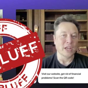 Skärmdump från en live-ström som marknadsför av ett investeringsbedrägeri med en orelaterad Elon Musk-intervju. Texten ”Bluff” är stämplad ovanpå.