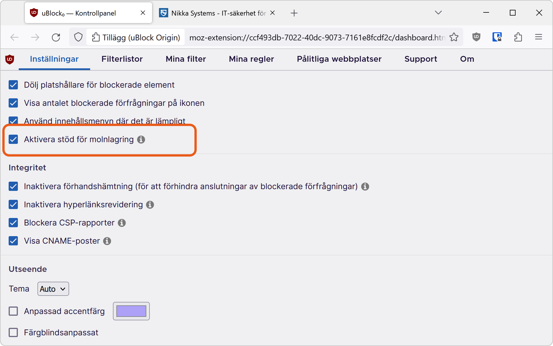 Inställningen för molnlagring är markerad i Firefox-versionen av Ublock Origin på Mac OS.