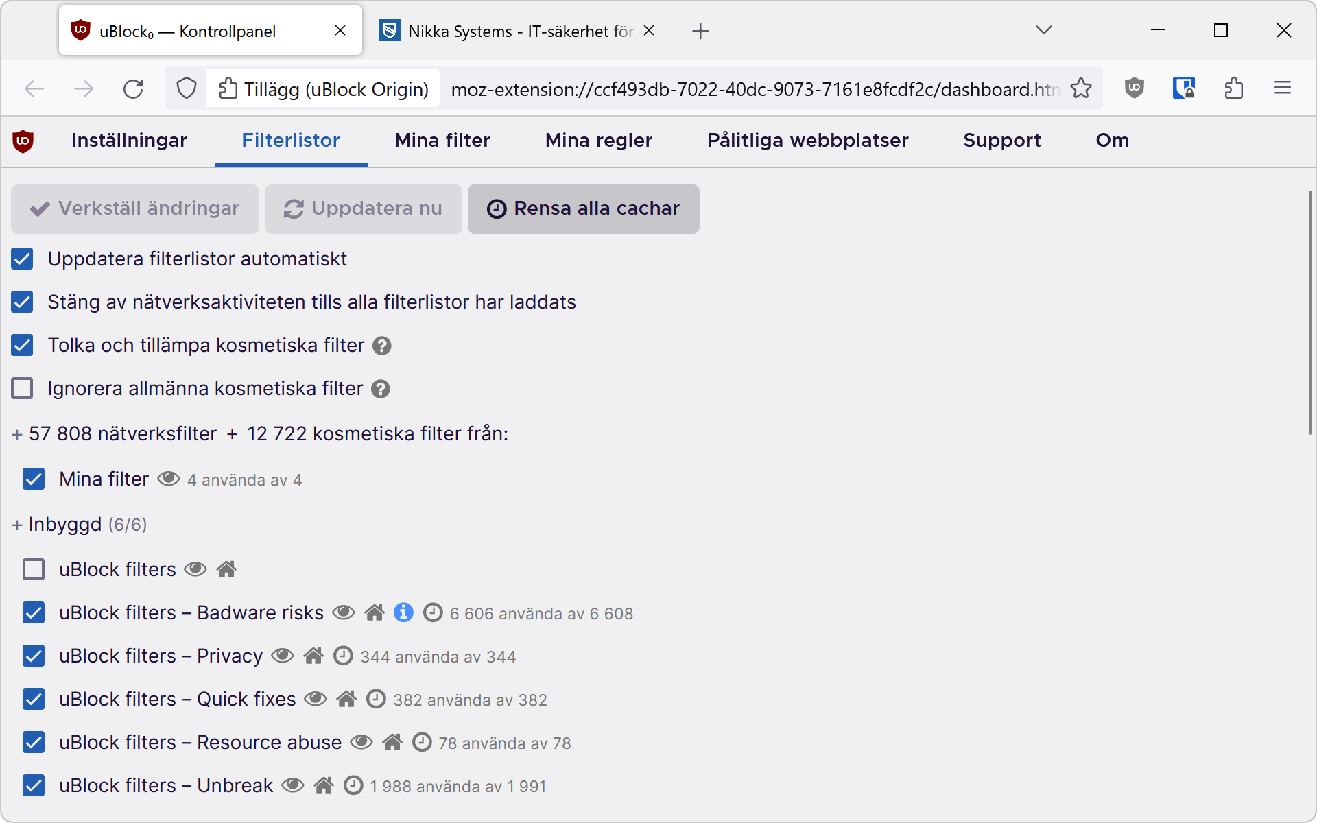 Ublock Origin i Firefox på Mac OS har alla inbyggda filter förutom huvudfiltret aktiverat. 