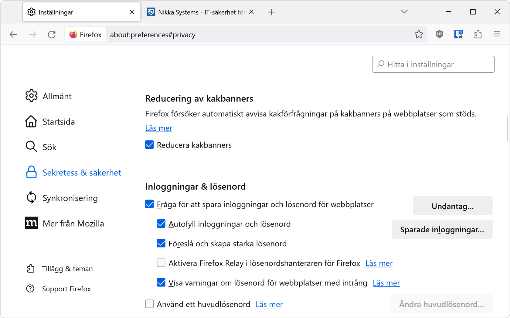 Skärmdump av kommande Firefox 114 där inställningen ”Reducera kakbanners” finns.