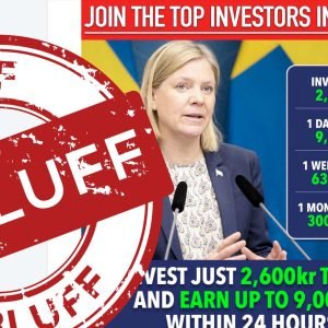 Skärmdump av bluffannons på Facebook som marknadsför ett investeringsbedrägeri med Magdalena Andersson som frontfigur. Stämpeln ”bluff” är stämplad ovanpå.