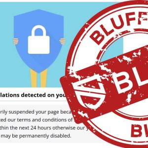 Falsk varning angående avstängning av Facebook-sida. Bluff-stämpeln är stämplad ovanpå.