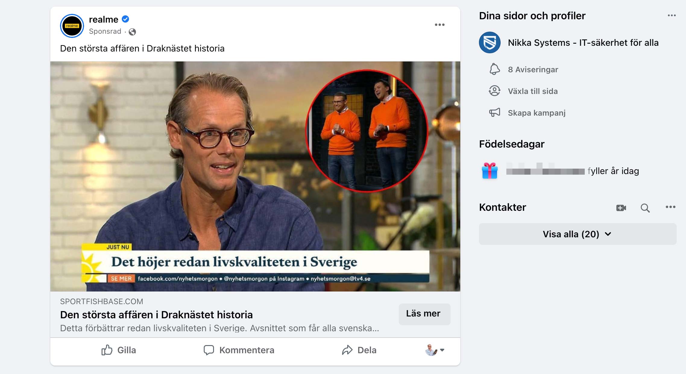 Skärmdump av bluffannons med Facebook. En av mobiltillverkaren Realmes verifierade Facebook-sidor marknadsför ett bedrägeri med Draknästet-profilen och Izettle-grundaren Jacob de Geer. 