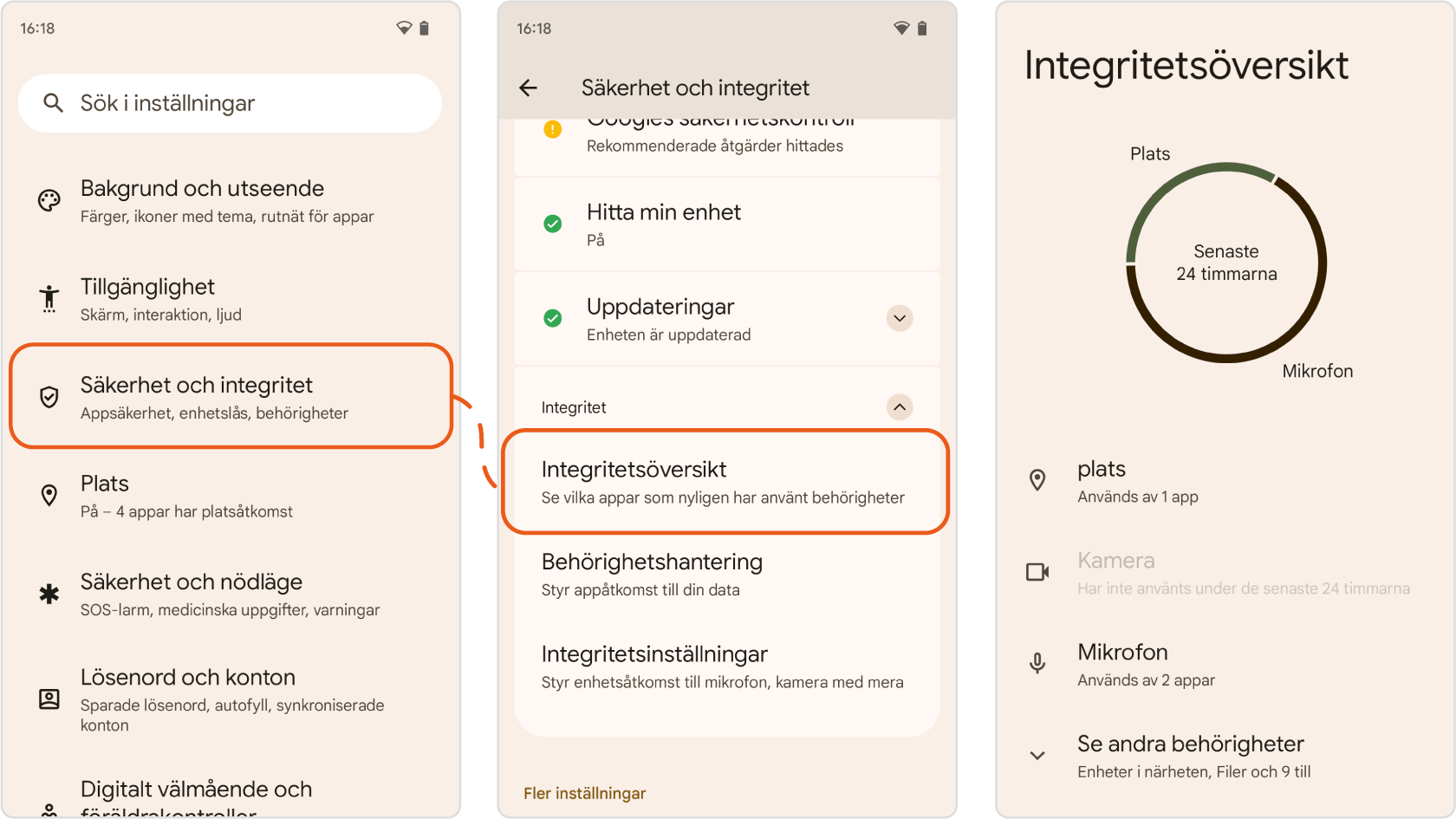 Skärmavbilder från Android-inställningarna som visar var inställningarna för apparnas integritetsöversikt ligger. Öppna Inställningar, klicka på ”Säkerhet och integritet” och välj Integritet följt av Integritetsöversikt. 
