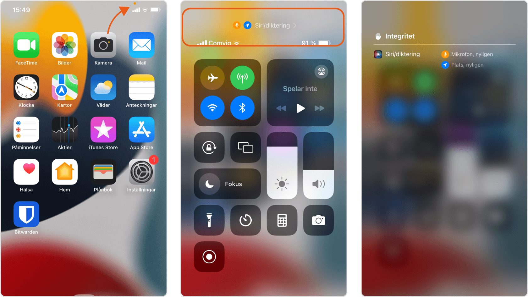 Skärmavbilder från IOS som visar den orangea mikrofonindikatorn och appen som triggade tändningen av den.