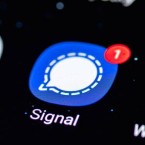 Närbild på mobiltelefon där appikonen för Signal syns.