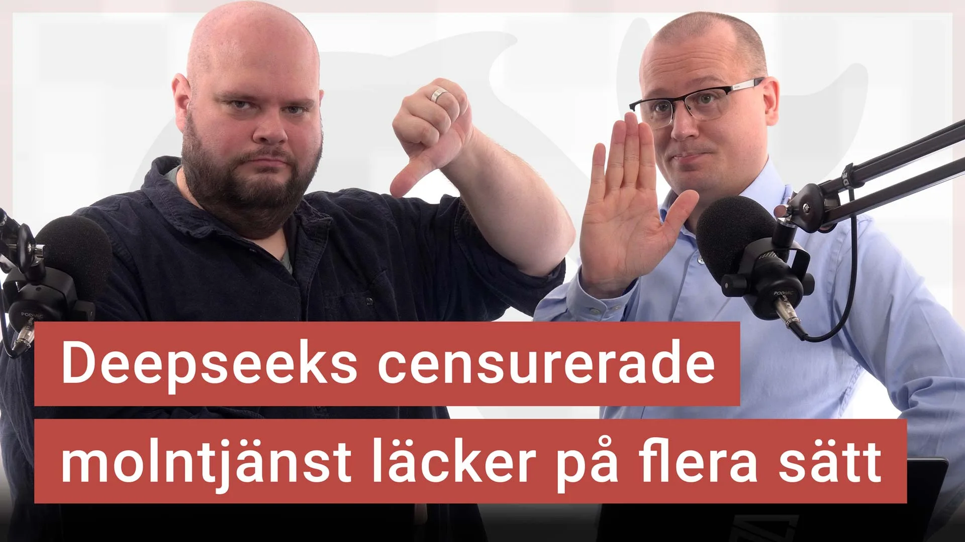 Peter Esse och Karl Emil Nikka står vid sina mikrofoner. Texten ”Deepseeks censurerade molntjänst läcker på flera sätt” är stämplad ovanpå.