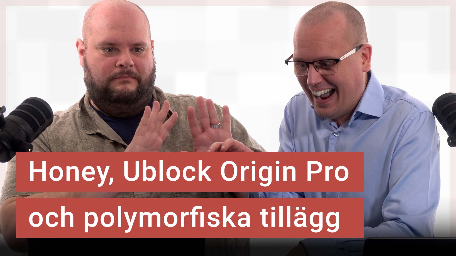 Peter och Nikka står vid sina mikrofoner. Texten ”Homey, Ublock Origin Pro och polymorfiska tillägg” är stämplad ovanpå.