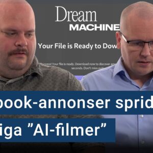 Peter Esse och Karl Emil Nikka står vid sina mikrofoner. Texten ”Facebook-annonser sprider skadliga AI-filmer” är stämplad ovanpå.