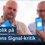 Peter Esse och Karl Emil Nikka står vid sina mikrofoner. Texten ”en replik på polisens Signal-kritik” är stämplad ovanpå