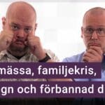 Peter Esse och Karl Emil Nikka står vid sina mikrofoner. Texten ”skilsmässa, familjekris, ren lögn och förbannad dikt” är stämplad ovanpå.
