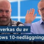 Peter Esse och Karl Emil Nikka står vid sina mikrofoner. texten ”så påverkas du av Windows 10-nedläggningen” är stämplad ovanpå.