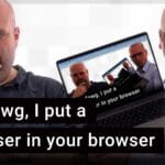 Peter Esse och Karl Emil Nikka står i poddstudion. Nikka håller upp en dator som visar samma bild i en oändlig loop. Texten ”yo dawg, I put a browser in your browser”, är stämplad ovanpå.