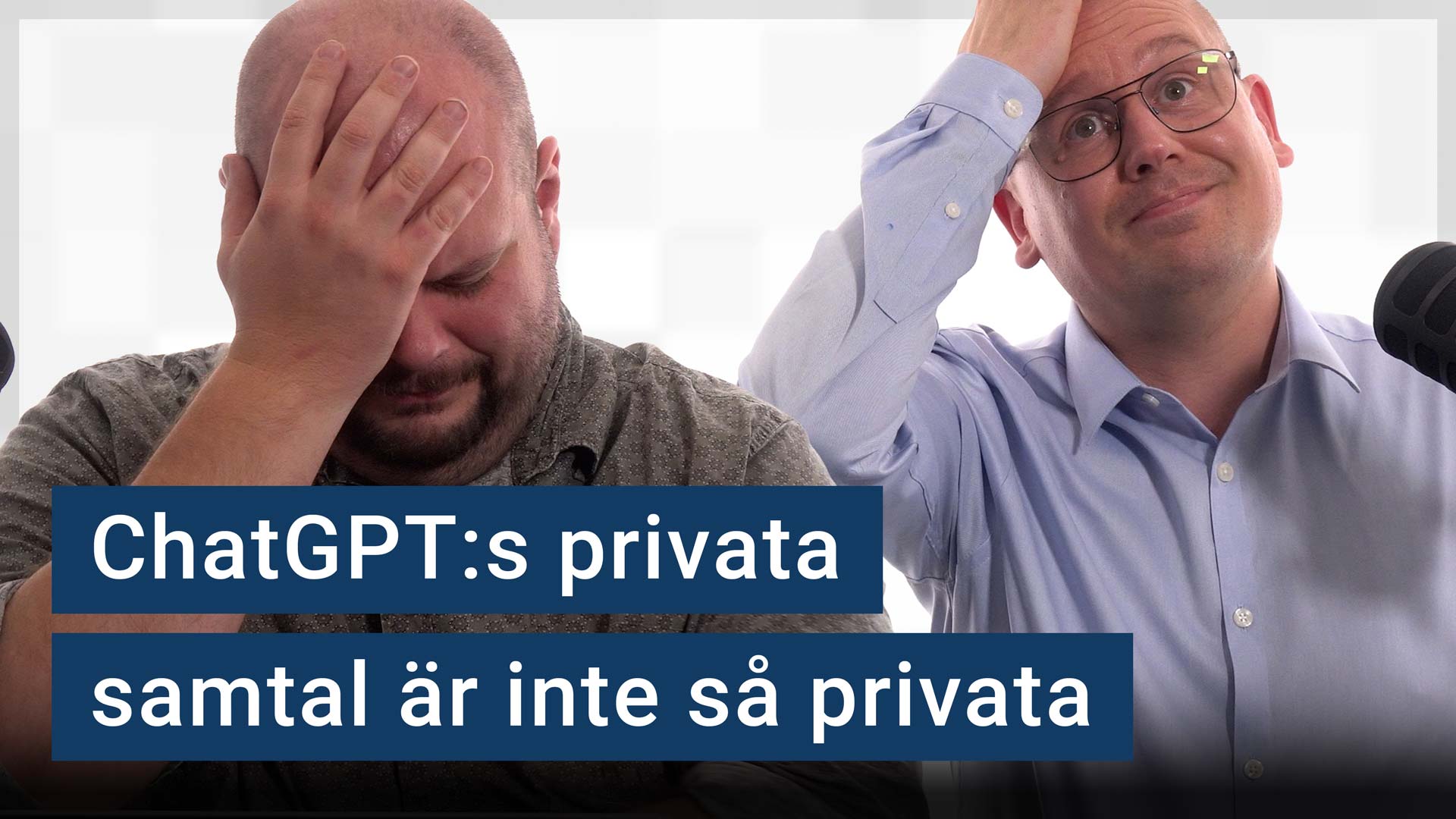Peter Esse och Karl Emil Nikka står vid sina mikrofoner och ser uppgivna ut. Texten ”ChatGPT:s privata samtal är inte så privata” är stämplad ovanpå.