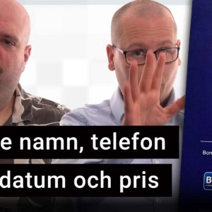 Peter Esse och Karl Emil Nikka står vid sina mikrofoner. Texten ”läckte namn, telefon, mejl, datum och pris” är stämplad ovanpå. Vid sidan syns lappen som kan hängas på hotelldörrar för att inte bli störd med texten ”privacy please”.