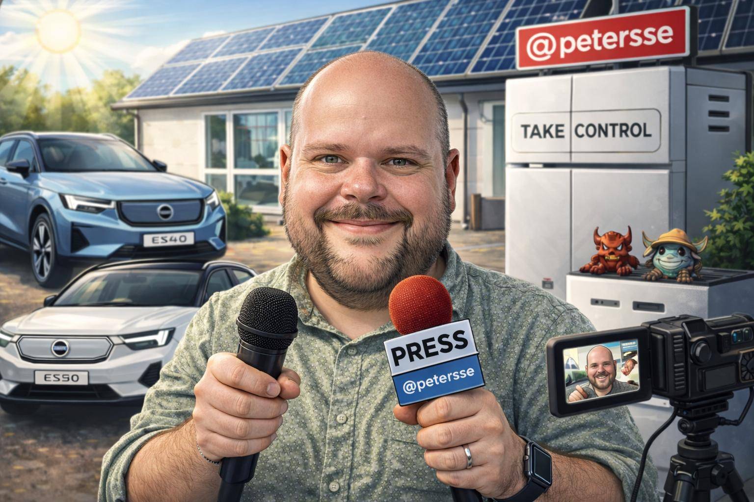 Uppenbart AI-genererad karikatyr av Peter Esse som håller i två mikrofoner. I bakgrunden syns två Volvo-bilar och ett hus med solpaneler. Intill sitter två tecknade djävular.