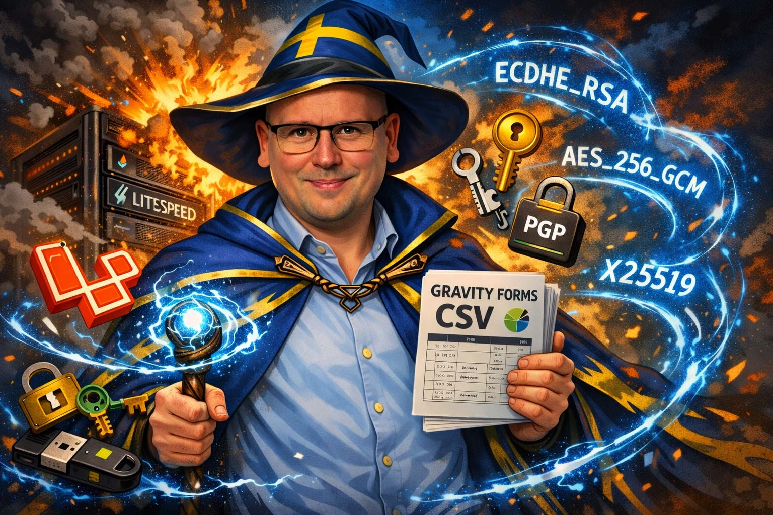 Uppenbart AI-genererad karikatyr av Karl Emil Nikka, iförd en hatt med svenska flaggan. I bakgrunden syns en exploderande Litespeed-server. Runt omkring flyger nycklar, USB-minnen och hänglås.