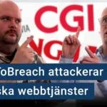 Peter Esse och Karl Emil Nikka står vid sina mikrofoner. Texten ”Bytetobreach attackerar svenska webbtjänster” är stämplad ovanpå. Westfields, CGI:s och Viking Lines logotyper syns svagt i bakgrunden.
