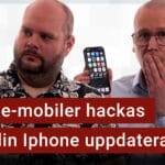 Peter Esse och Karl Emil Nikka står vid sina mikrofoner. Texten ”Iphone-mobiler hackas, håll din Iphone uppdaterad” är stämplad ovanpå.