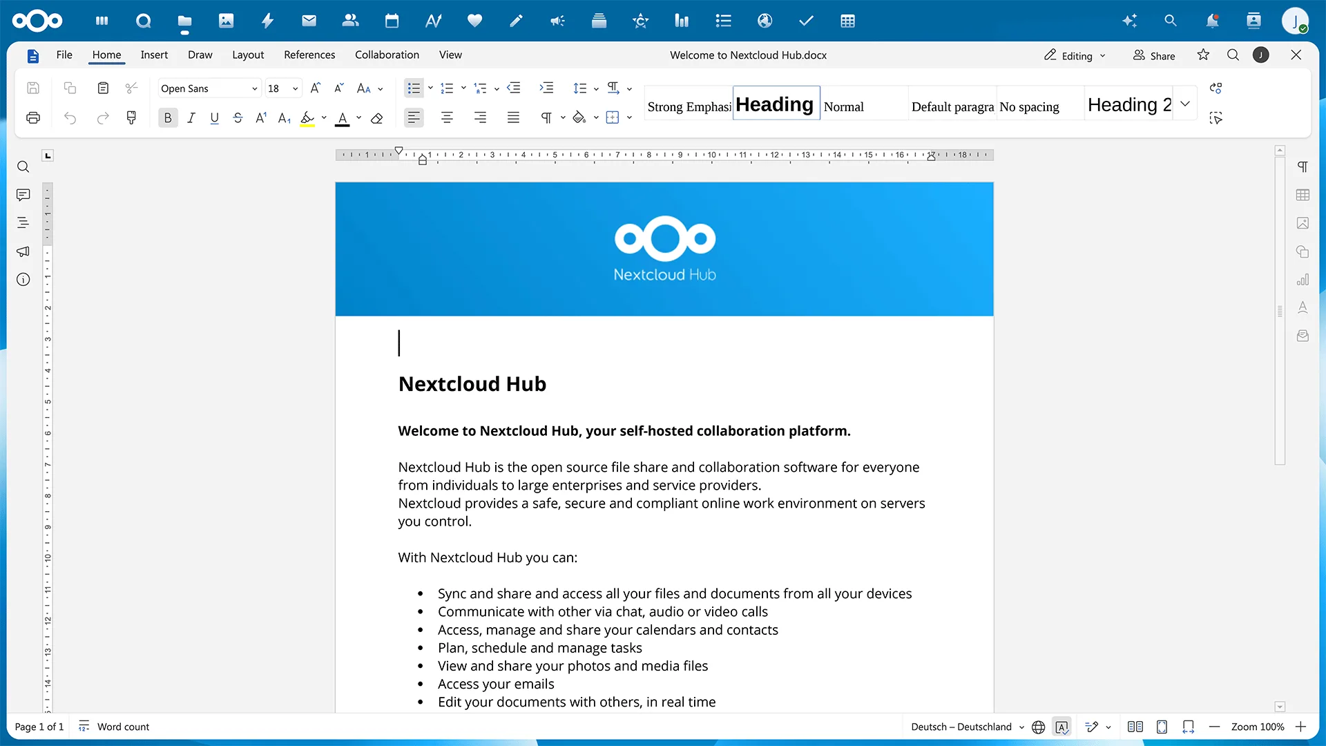 Skärmavbild av Euro-offices ordbehandlare i Nextcloud.