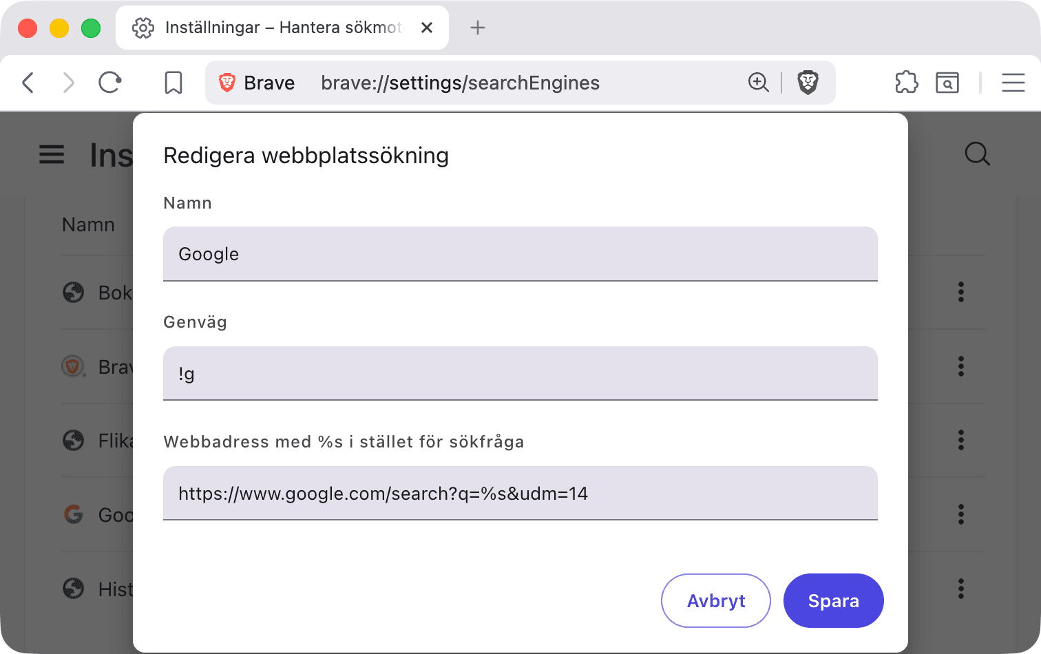 Skärmavbild av Braves inställningssida för att lägga till anpassade sökmotorer.