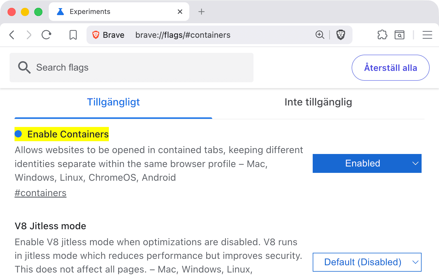 Skärmavbild av sidan för inställningsflaggor i Brave. Flaggan ”Enable containers” är markerad.