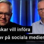 Måns Jonasson och Karl Emil Nikka. Texten ”svenskar vill införa ID-krav på sociala medier” är stämplad ovanpå.